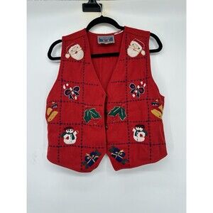 Vintage Erika Classics Wool Blend Christmas Vest Womens Medium Embroidered Santa